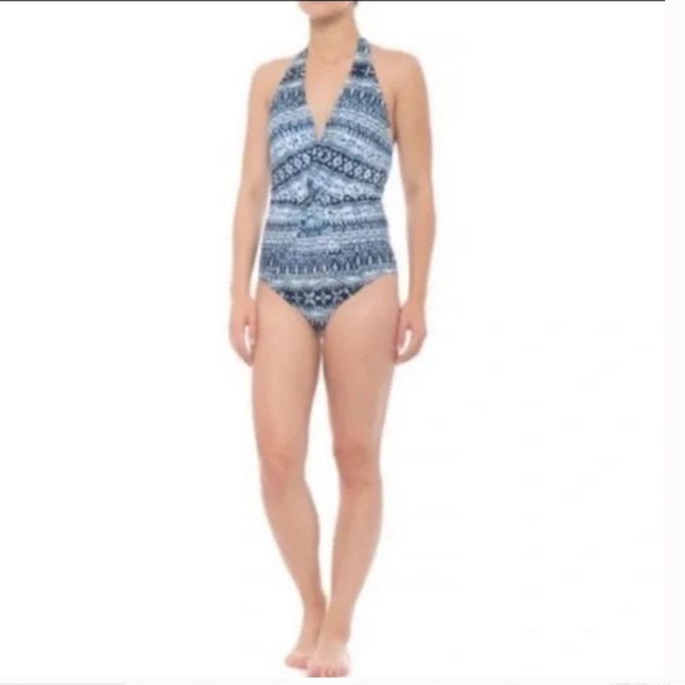 Jantzen NWT Halter Plunge Tummy Control Blue Gem One Piece Swimsuit Size L